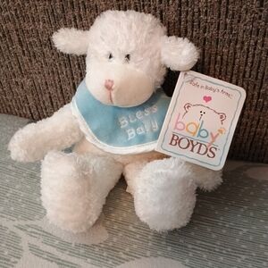 Baby Boyds 10 Inch BLESS BABY Blue Bib Rattle Plush Lamb